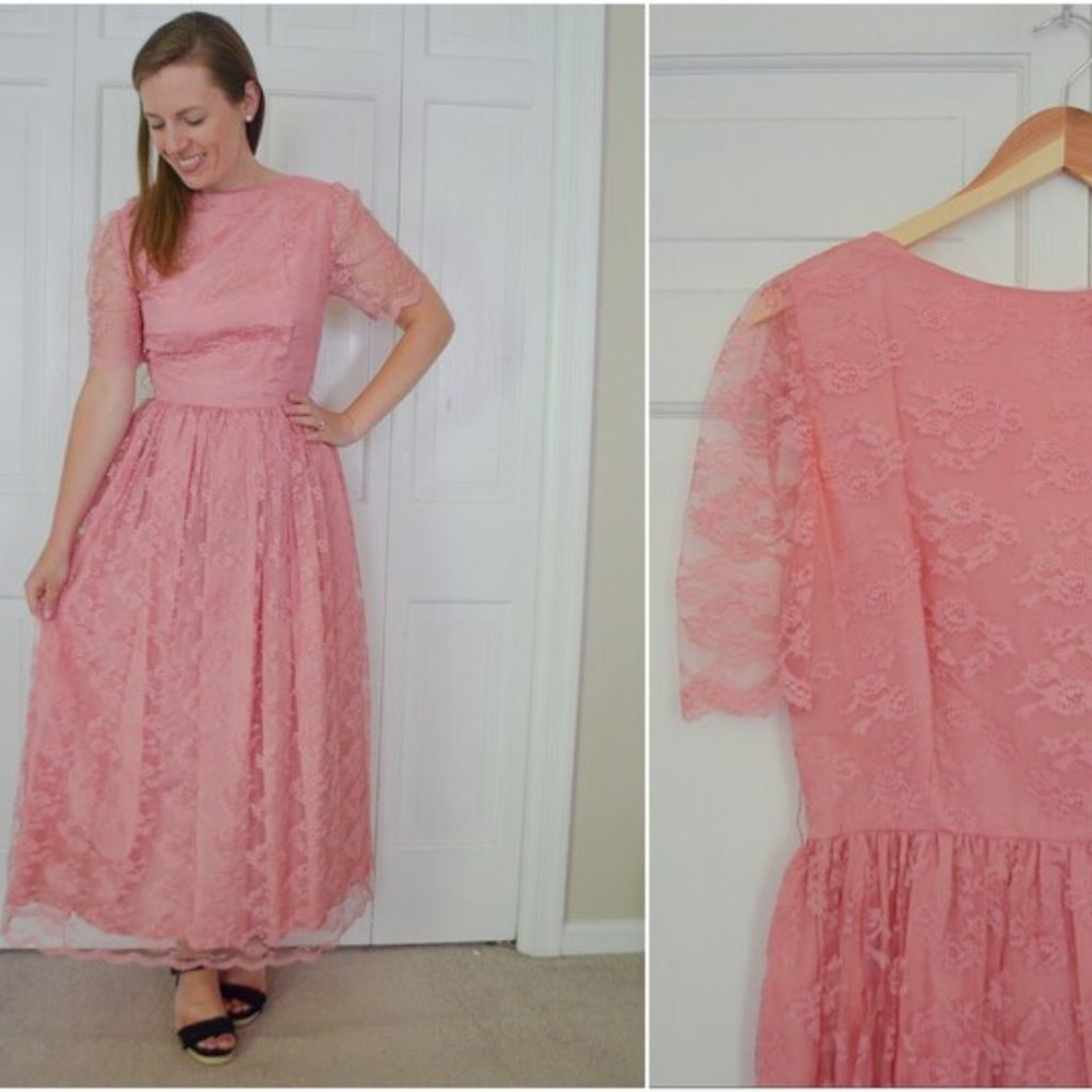 Vintage Pink Lace Gown with Scoop Back 26.5" Waist